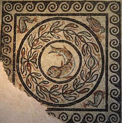 Lyon, Auvergne-regionen, Rhone-Alpes, Rhone-departementet. 69 000 Choulans mosaik, upptäckt 1967. Föreställer en fisk av Unbekannt