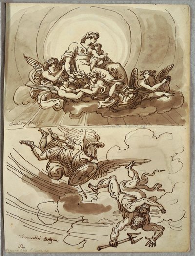 Madonna och barn i ära, studie efter Mastelletta; Ängel Gabriel driver Lucifer från himlen, studie efter Marcantonio Franceschini av Unbekannt