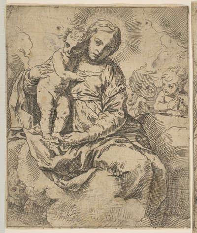Madonna och barn sittande på moln och omgivna av änglar, kopiera omvänt a..., ca.1639 eller senare. av Unbekannt