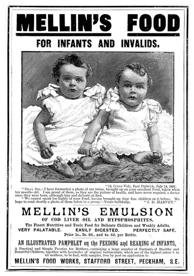 Tidningsannons för Mellins Emulsion, ett kosttillskott baserat på torskleverolja, c1890 av Unbekannt