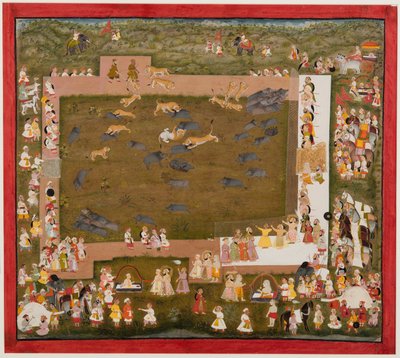 Maharaja Sangram Singh och hans hov observerar ett slagsmål mellan tigrar och galtar vid Sadri, ca. 1720. av Unbekannt