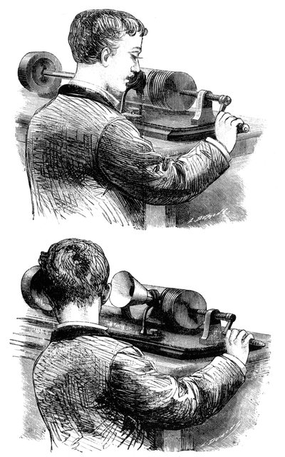 Att göra en inspelning med och lyssna på den första Edison Phonograph, 1878 av Unbekannt