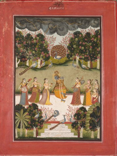 Malar Ragini: Krishna spelar flöjt till Seven Gopis som håller musikinstrument..., ca. 1760. av Unbekannt