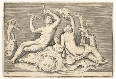 Man spelar två flöjter och kvinna på lejonskinn, publicerad ca. 1599-1622. av Unbekannt