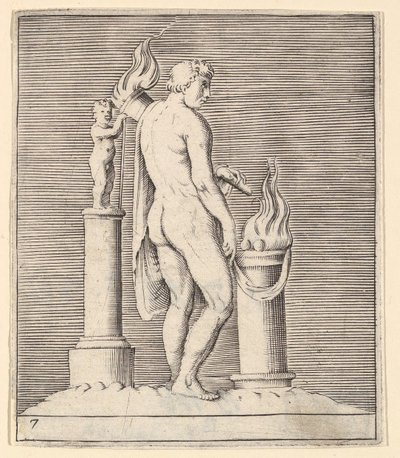 Man med fackla mellan flammande altare och statyett, publicerad ca. 1599-1622. av Unbekannt