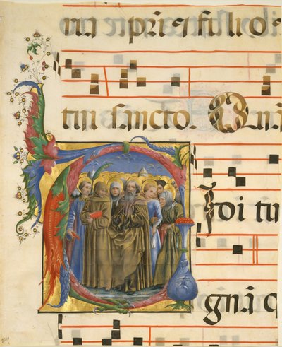 Manuskriptbelysning med alla helgon i ett initialt V, från en antifonarie, italienska, 1450-60. av Unbekannt