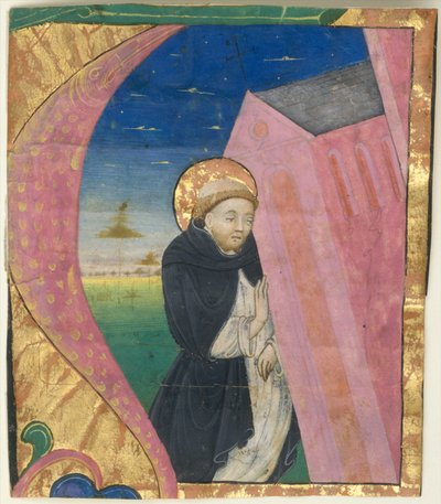 Manuskriptbelysning med Saint Dominic som räddar kyrkan Saint John...mitten av 1400-talet. av Unbekannt