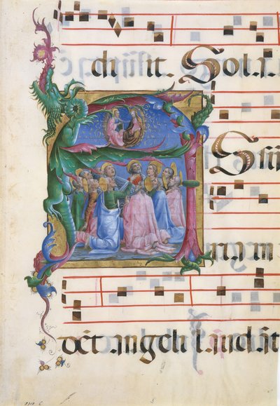 Manuskriptbelysning med jungfruns antagande i en initial A..., italienska, 1450-60. av Unbekannt