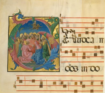 Manuskriptbelysning med jungfruns antagande i en initial G..., italienska, 1450-60. av Unbekannt