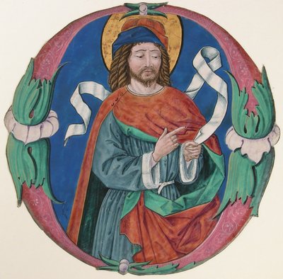 Manuskriptbelysning med en helgonfigur i ett initialt O, ca. 1480. av Unbekannt