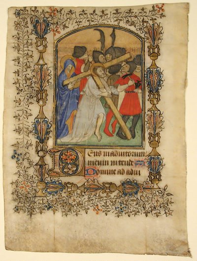 Manuskriptblad från en timbok... Upplyst initial D och Kristus som bär korset, 1390-140 av Unbekannt