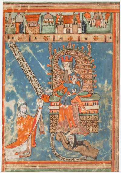 Manuskriptblad med dedikation av en bok till jungfrun, ca. 1400. av Unbekannt