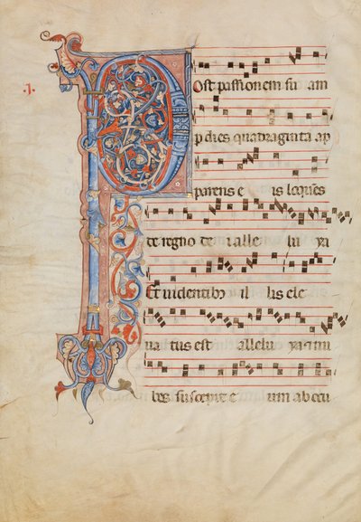 Manuskriptblad med foliated initial P, från en Antiphonary, italiensk, ca. 1250-60. av Unbekannt