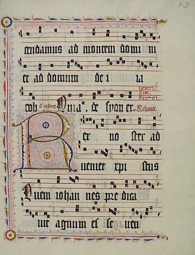 Manuskriptblad med initial R, från ett antifonarium, tyskt, andra kvartalet 1400-talet. av Unbekannt