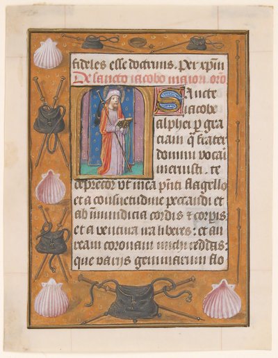Manuskriptblad med den helige Jakob den större, från en timbok, ca. 1500. av Unbekannt