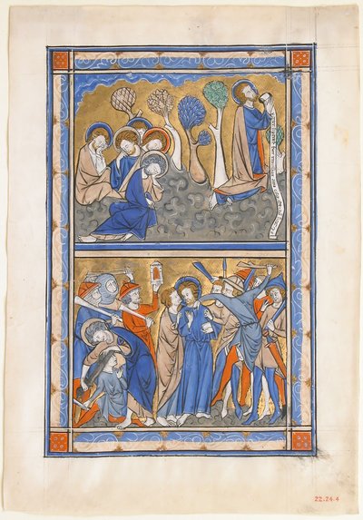Manuskriptblad med smärtan i trädgården och Kristi svek, från en kunglig psalter, ca. 1270. av Unbekannt