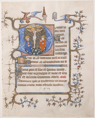 Manuskriptblad med korsfästelsen i ett initialt D, från en timbok, ca. 1350. av Unbekannt