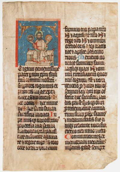 Manuskriptblad med den heliga treenigheten i ett initialt T, från ett missal, ca. 1390. av Unbekannt