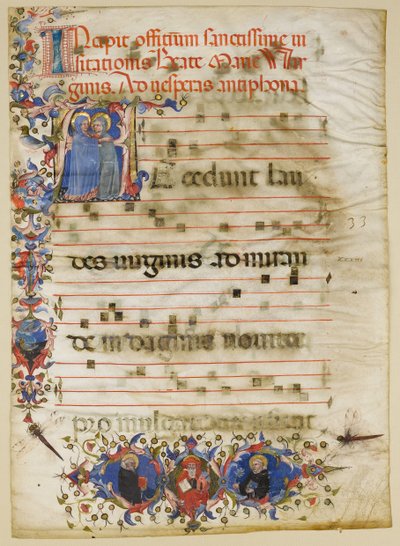 Manuskriptblad med visitationen i en initial A och kardinal Adam Easton..., italienska, ca. 1400. av Unbekannt