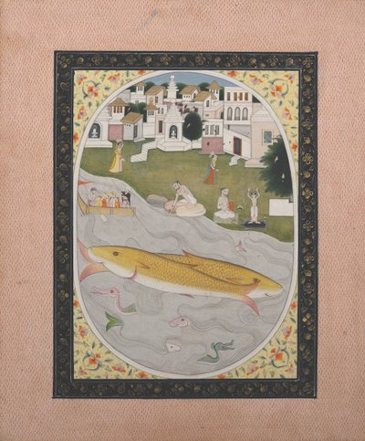 Manuskriptmålning med hinduisk tantrisk scen föreställande två fiskar, 1800-1820. av Unbekannt