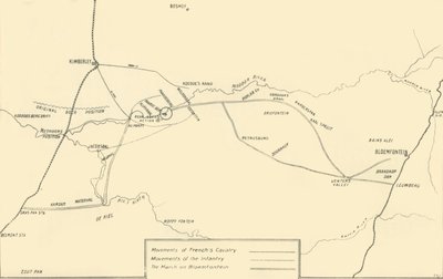 Karta som illustrerar rörelserna för relief av Kimberley och fångsten av Bloemfontein, 1901. av Unbekannt