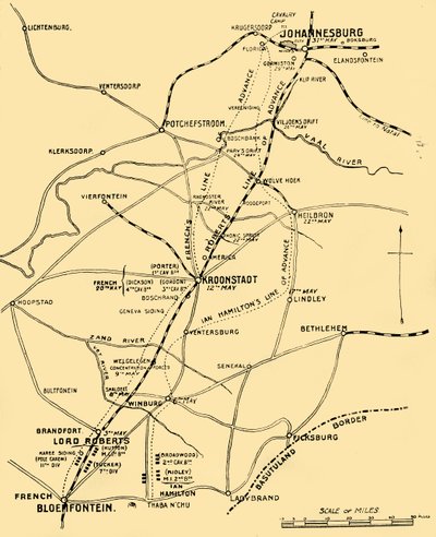 Karta som visar framstegslinjerna från Bloemfontein till Pretoria, 1901. av Unbekannt