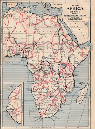 Karta över Afrika 1891 som visar Explorers rutter av Unbekannt