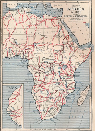 Karta över Afrika 1891 med rutter för upptäcktsresande, 1906 av Unbekannt