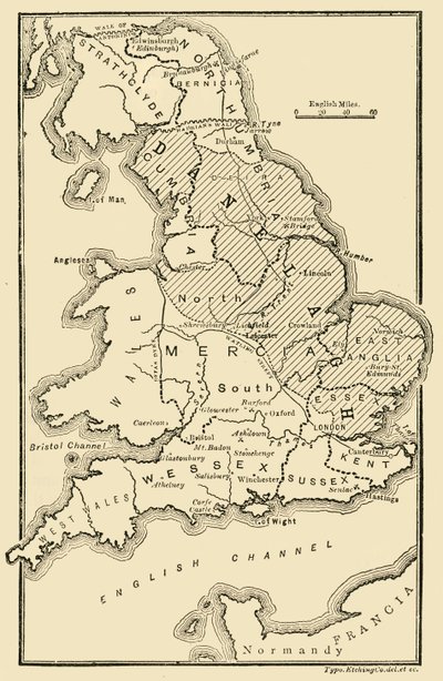 Karta över England, som visar anglosaxiska kungadömen och danska distrikt, 900-talet, 189 av Unbekannt