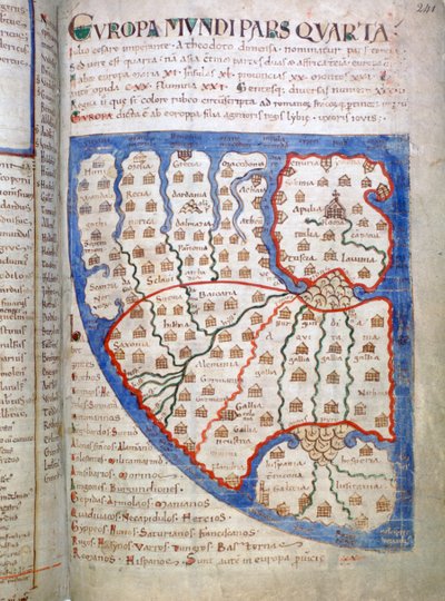 Karta över Europa, en sida från Liber Floridus, 1100-talet av Unbekannt
