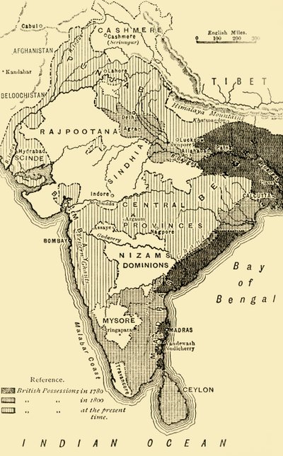 Karta över Indien, som visar de brittiska besittningarna 1780,1800 och i nutiden, 1890. av Unbekannt
