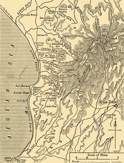 Karta över Sari Bair, halvön Gallipoli, första världskriget, 1915, c1920. av Unbekannt