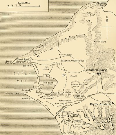 Karta över Suvla Bay, Gallipoli halvön, första världskriget, 1915, c1920. av Unbekannt