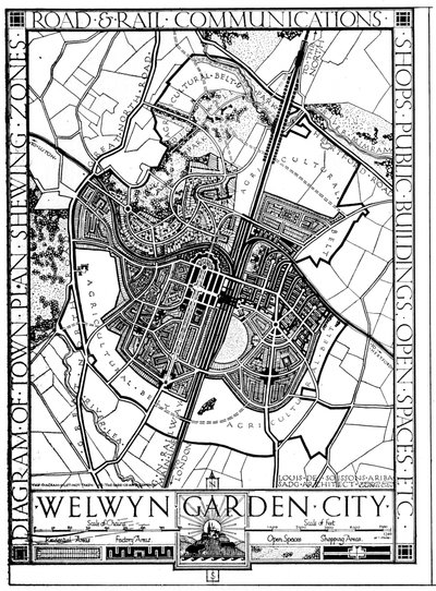 Karta över Welwyn Garden City, Hertfordshire, England, 1926 av Unbekannt