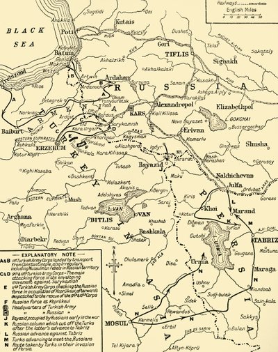 Karta över gränsen mellan Ryssland och Turkiet, första världskriget, c1920. av Unbekannt