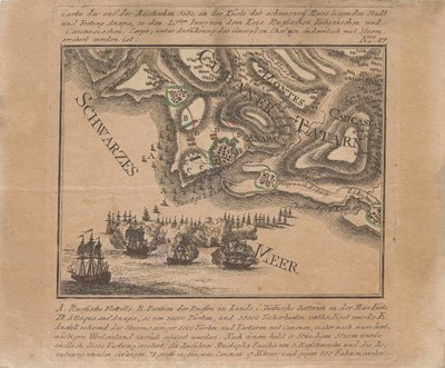 Karta över ryska truppers erövring av havsfästningen Anapa vid Svarta havet i juni 1791, 1791. av Unbekannt