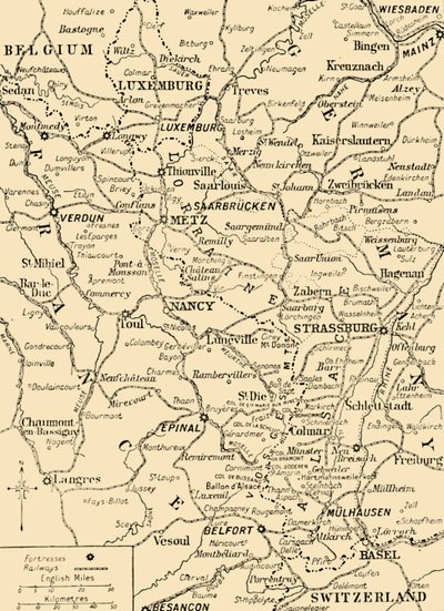 Karta som visar gränsen mellan Frankrike och Tyskland, första världskriget, c1915, c1920. av Unbekannt