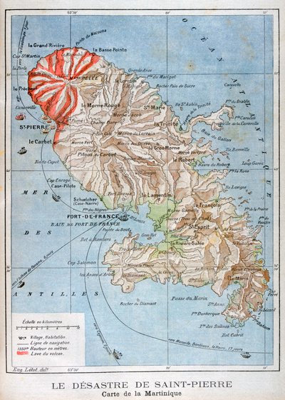 Karta som visar utbrottet av Mount Pelee, Martinique, 1902 av Unbekannt
