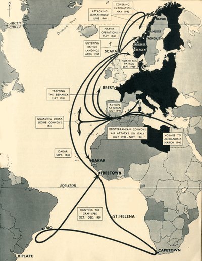 Karta som visar HMS Ark Royals rörelser, 1939-1941, 1942. av Unbekannt