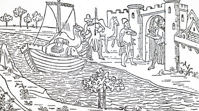 Marco Polo och hans farbröder anländer till Hormuz. av Unbekannt