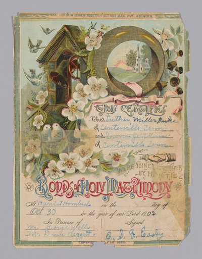Vigselbevis för Luther Miller Pulce och Irene Jenkins, 30 oktober 1902. av Unbekannt