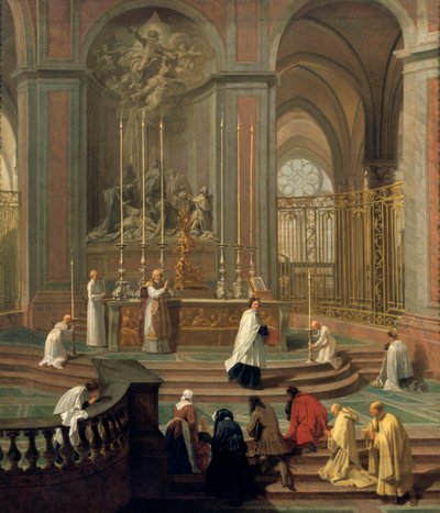 Mässa sägs av kanonen de la Porte, eller huvudaltaret i Notre Dame, Paris, 1708-1710 av Unbekannt