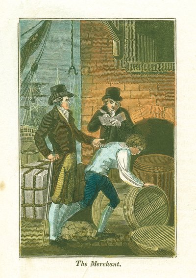 Köpmannen och hans kontorist vid kajen kontrollerade varor i ett lager, 1823 av Unbekannt