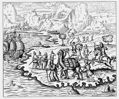 Köpmän som transporterar varor till kusten och ett väntande fartyg med kamel, 1575 av Unbekannt