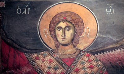 Mickael ärkeängel bysantinsk fresk från Panagia tou Arakos kyrka 1100-talet Cypern Målade kyrkor UNESCO-plats Troodos, Cypern av Unbekannt