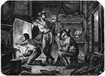 Gruvarbetare i de kaliforniska guldfälten kopplar av i sin timmerstuga på natten, 1853 av Unbekannt