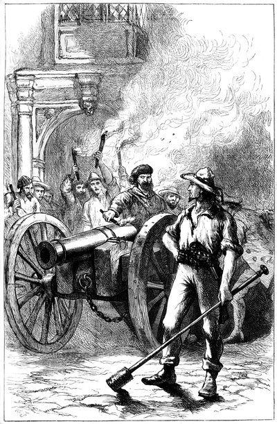 Mobb som avfyrade kanoner framför domstolsbyggnaden där Alexander McLeod satt fängslad, 1840 c1880 av Unbekannt