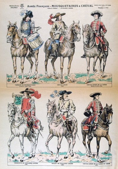 Mousquetaires ett Cheval 1600-tal. Franska arméuniformer. Färglitografi. Privat samling av Unbekannt