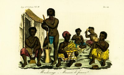 Muchicongo-män och många fruar utanför en hydda, Angola av Unbekannt