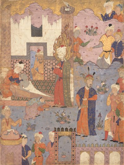 Muhammad återupplivar den sjuke pojken, folio från en Falnama-bok om omens från Ja